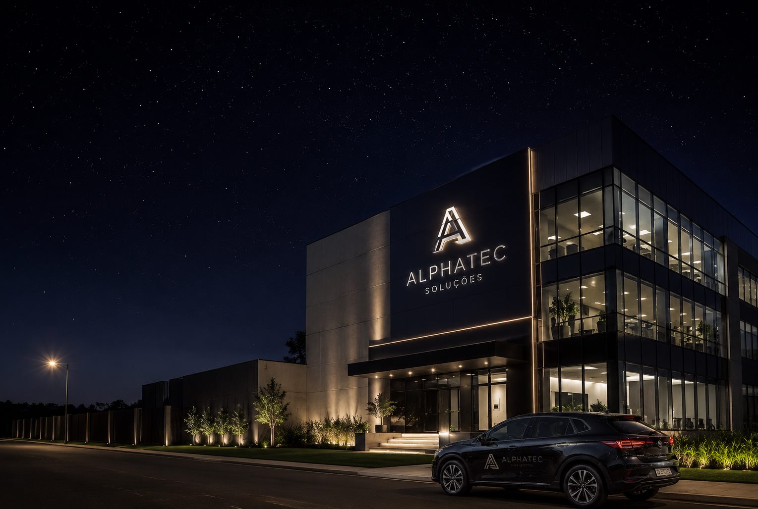 Empresa iluminada à noite com fachada corporativa